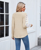 V Neck Loose Long Sleeve Lace Contrast Color T Shirt
