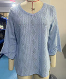 Chic V-neck Diamond Check Hollow-out Jacquard Horn Sleeve Loose T-shirt