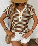 Seamed Knit V Neck Button Up Short Sleeve Top Elastane