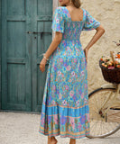 Blue Casual Printed A-Line Long Dress for Effortless Vacation Style