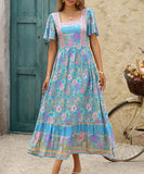 Blue Casual Printed A-Line Long Dress for Effortless Vacation Style