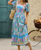 Blue Casual Printed A-Line Long Dress for Effortless Vacation Style