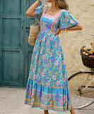 Blue Casual Printed A-Line Long Dress for Effortless Vacation Style