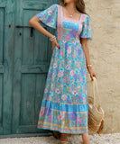 Blue Casual Printed A-Line Long Dress for Effortless Vacation Style