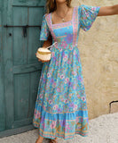 Blue Casual Printed A-Line Long Dress for Effortless Vacation Style