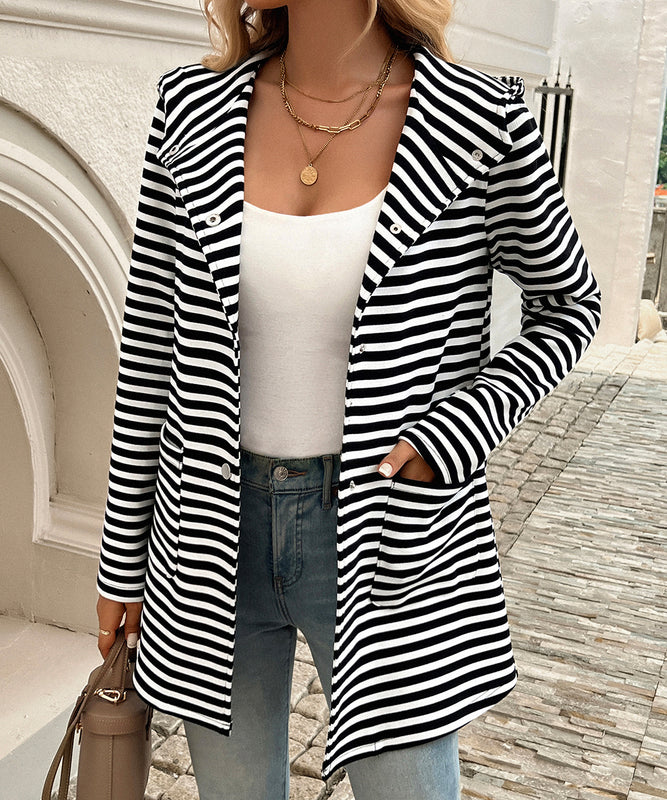 Chic Hooded Striped Knit Cardigan with Long Sleeves