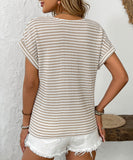 Seamed Knit V Neck Button Up Short Sleeve Top Elastane