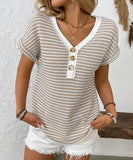 Seamed Knit V Neck Button Up Short Sleeve Top Elastane