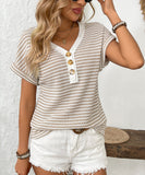 Seamed Knit V Neck Button Up Short Sleeve Top Elastane