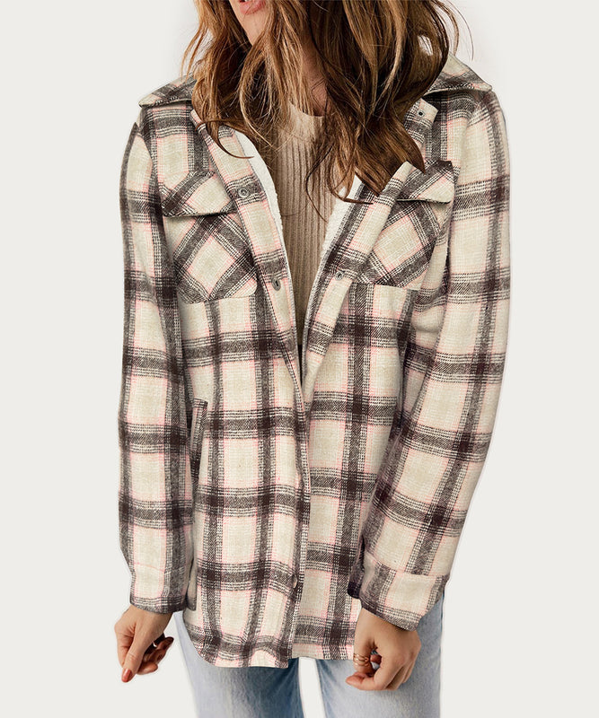 Plaid Collar Long Sleeve Casual Jacket For Women Khaki