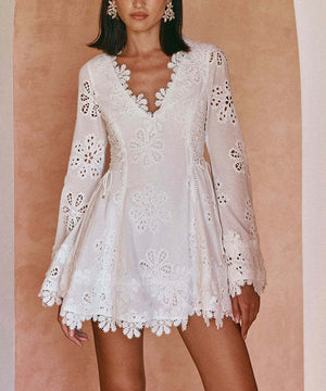 White Lace Trim Short Skirt V Neck Polyester Dressy
