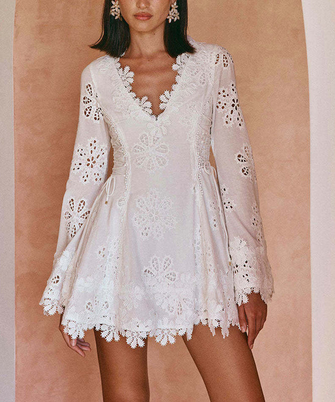 White Lace Trim Short Skirt V Neck Polyester Dressy