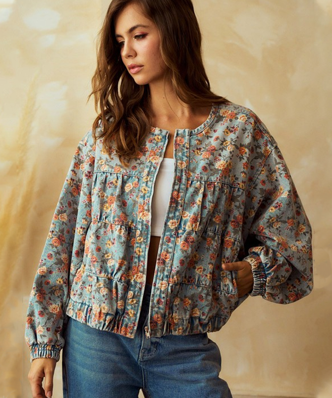 Relaxed Fit Printed Batwing Sleeve Jacket Washed Effect