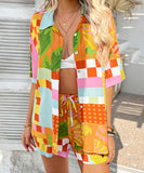 StyleNest Floral Color Blocking Cardigan Short Pants Set – Casual Vacation Comfort