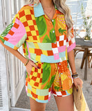 StyleNest Floral Color Blocking Cardigan Short Pants Set – Casual Vacation Comfort