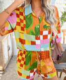 StyleNest Floral Color Blocking Cardigan Short Pants Set – Casual Vacation Comfort