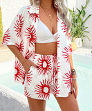 StyleNest Floral Color Blocking Cardigan Short Pants Set – Casual Vacation Comfort