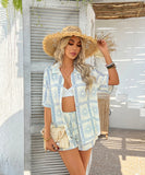 StyleNest Floral Color Blocking Cardigan Short Pants Set – Casual Vacation Comfort