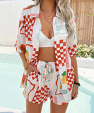 StyleNest Floral Color Blocking Cardigan Short Pants Set – Casual Vacation Comfort