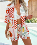 StyleNest Floral Color Blocking Cardigan Short Pants Set – Casual Vacation Comfort