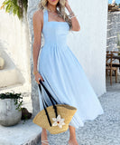 Solid Color High-Waisted Sleeveless Halter Dress for Elegance