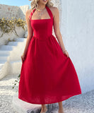 Solid Color High-Waisted Sleeveless Halter Dress for Elegance
