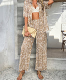 Mishaia Geometric Color-Blocking Cardigan And Wide-Leg Pants Set – Relaxation And Vacation Trend