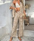 Mishaia Geometric Color-Blocking Cardigan And Wide-Leg Pants Set – Relaxation And Vacation Trend