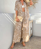 Mishaia Geometric Color-Blocking Cardigan And Wide-Leg Pants Set – Relaxation And Vacation Trend