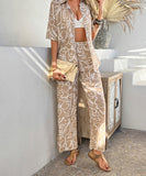 Mishaia Geometric Color-Blocking Cardigan And Wide-Leg Pants Set – Relaxation And Vacation Trend