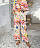 Mishaia Geometric Color-Blocking Cardigan And Wide-Leg Pants Set – Relaxation And Vacation Trend