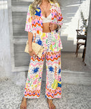 Mishaia Geometric Color-Blocking Cardigan And Wide-Leg Pants Set – Relaxation And Vacation Trend