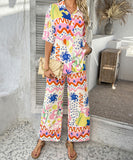 Mishaia Geometric Color-Blocking Cardigan And Wide-Leg Pants Set – Relaxation And Vacation Trend