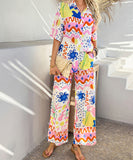 Mishaia Geometric Color-Blocking Cardigan And Wide-Leg Pants Set – Relaxation And Vacation Trend