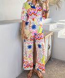 Mishaia Geometric Color-Blocking Cardigan And Wide-Leg Pants Set – Relaxation And Vacation Trend