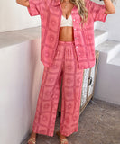 Mishaia Geometric Color-Blocking Cardigan And Wide-Leg Pants Set – Relaxation And Vacation Trend
