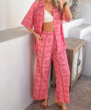Mishaia Geometric Color-Blocking Cardigan And Wide-Leg Pants Set – Relaxation And Vacation Trend