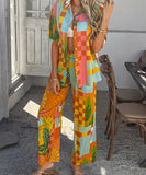 Mishaia Geometric Color-Blocking Cardigan And Wide-Leg Pants Set – Relaxation And Vacation Trend