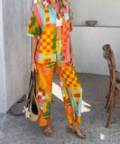 Mishaia Geometric Color-Blocking Cardigan And Wide-Leg Pants Set – Relaxation And Vacation Trend