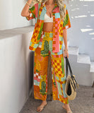 Mishaia Geometric Color-Blocking Cardigan And Wide-Leg Pants Set – Relaxation And Vacation Trend
