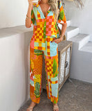Mishaia Geometric Color-Blocking Cardigan And Wide-Leg Pants Set – Relaxation And Vacation Trend
