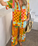 Mishaia Geometric Color-Blocking Cardigan And Wide-Leg Pants Set – Relaxation And Vacation Trend
