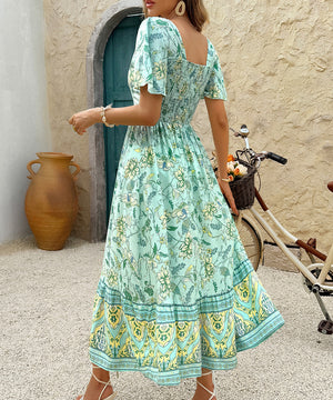 Casual Printed A-Line Long Dress for Vacation in Green and Blue