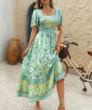 Casual Printed A-Line Long Dress for Vacation in Green and Blue