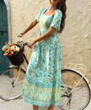 Casual Printed A-Line Long Dress for Vacation in Green and Blue