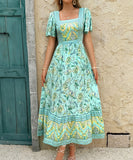 Casual Printed A-Line Long Dress for Vacation in Green and Blue