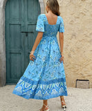 Casual Printed A-Line Long Dress for Vacation in Green and Blue