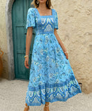 Casual Printed A-Line Long Dress for Vacation in Green and Blue