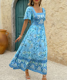 Casual Printed A-Line Long Dress for Vacation in Green and Blue