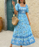 Casual Printed A-Line Long Dress for Vacation in Green and Blue